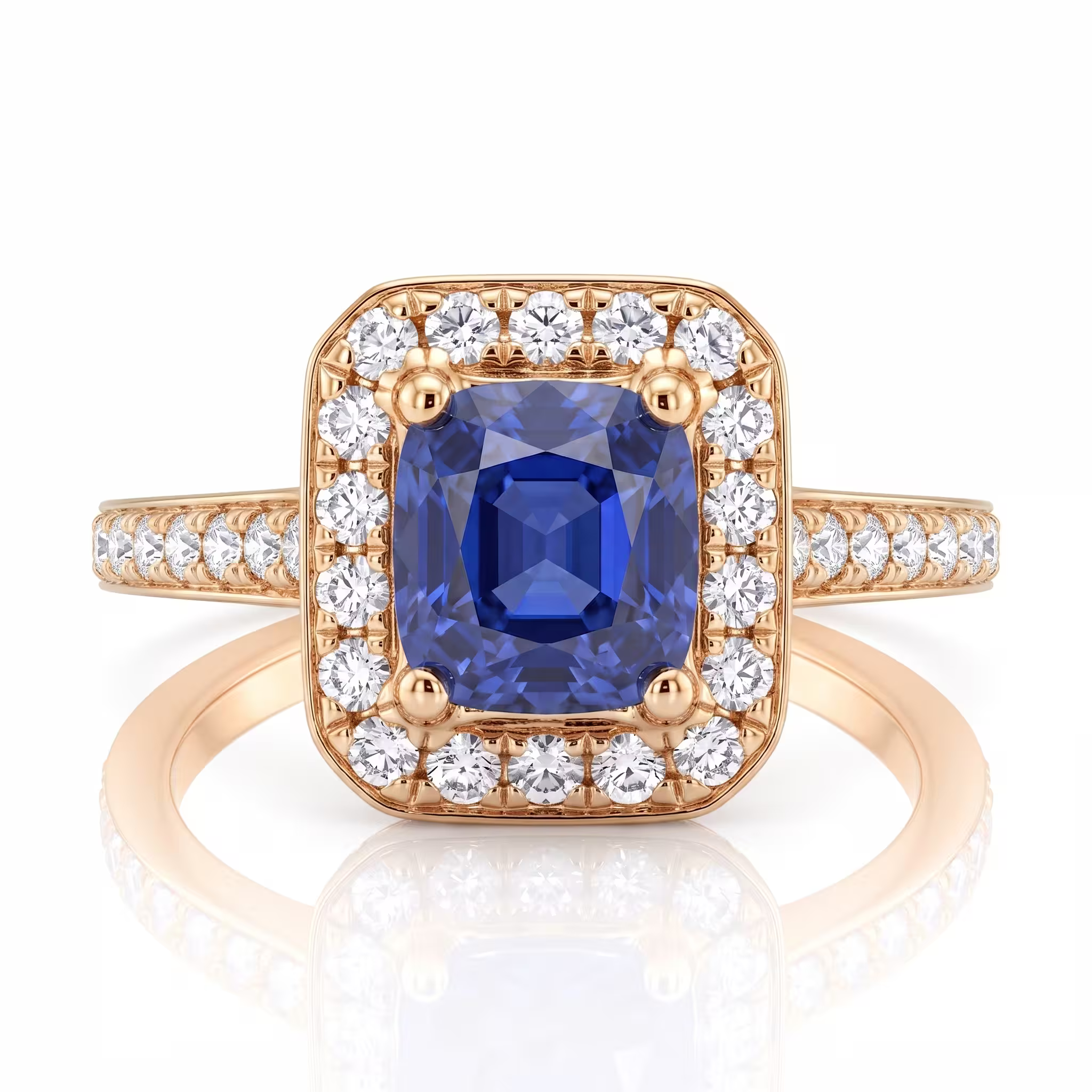 1.02ct Cushion Cut Blue Sapphire Halo Setting Engagement Ring - 18K Gold Chloe's Jewellers