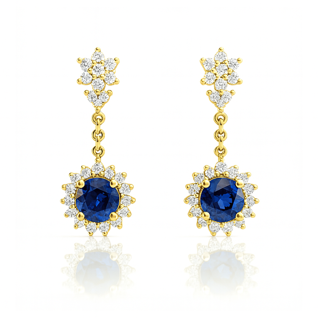 18K White Gold Round Cut Blue Sapphire Halo Drop Earrings 1ct Chloe's Jewellers