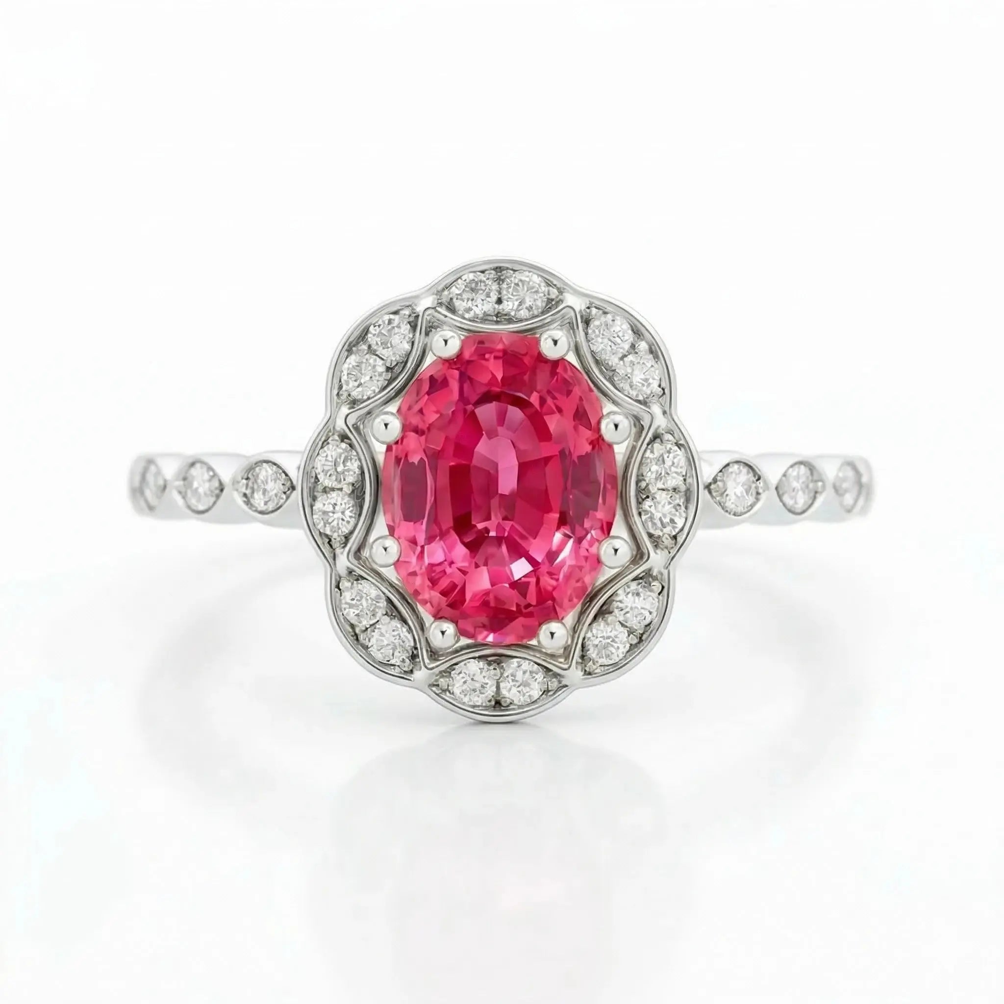 1.40ct Peach Sapphire Engagement Ring | F VS1 Diamonds | 18K Gold Chloe's Jewellers