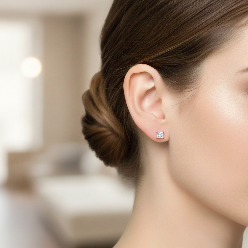 0.42ct Princess Cut Natural Diamond Stud Earrings, 18ct Yellow Gold