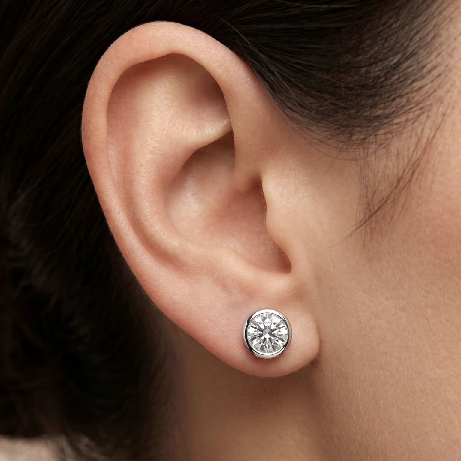 0.92ct Round Diamond Bezel Set Stud Earring, 18ct White Gold Chloe's Jewellers