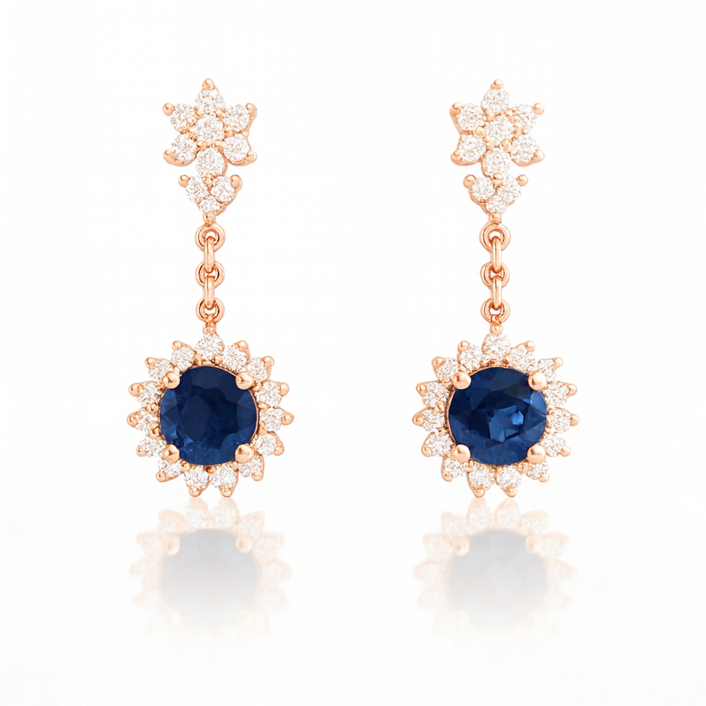 18K White Gold Round Cut Blue Sapphire Halo Drop Earrings 1ct Chloe's Jewellers