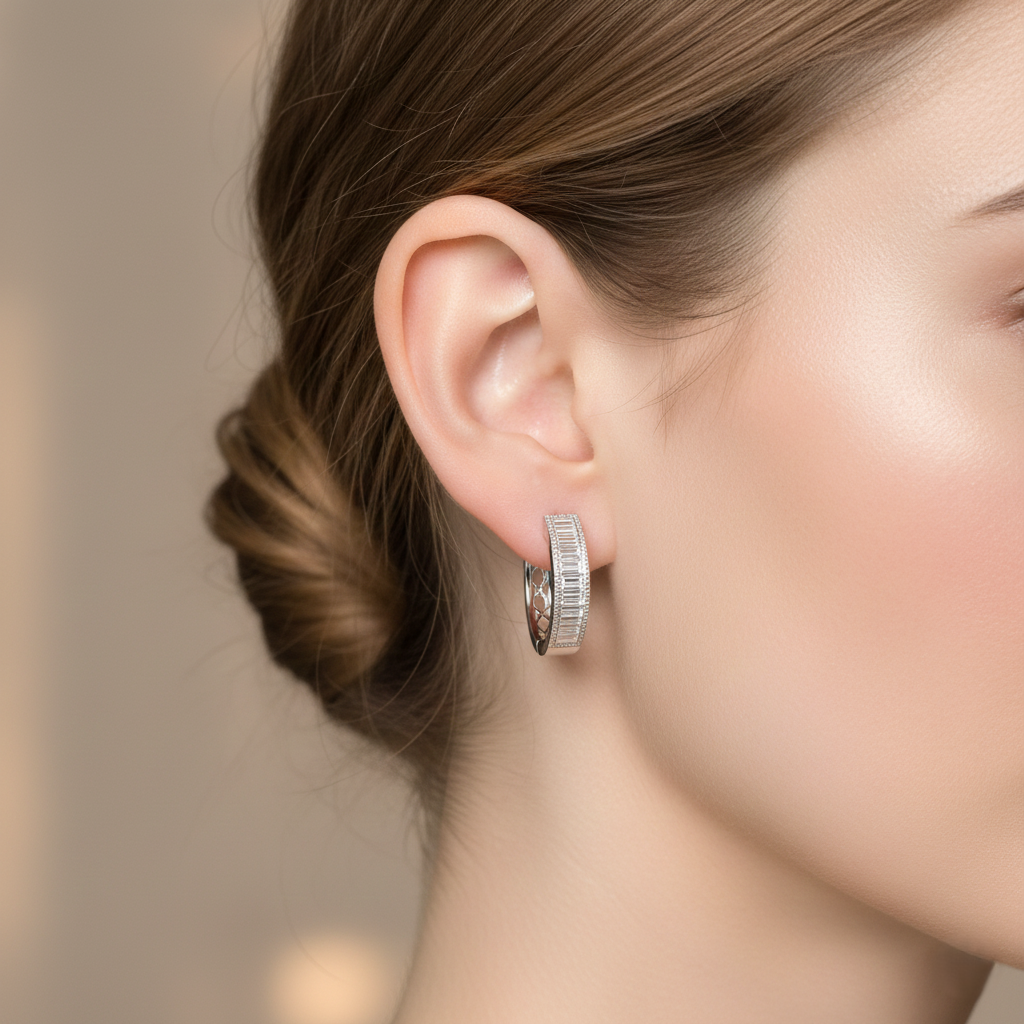 18K White Gold Channel Set Baguette Cut Diamond Hoop Earrings 0.43CT