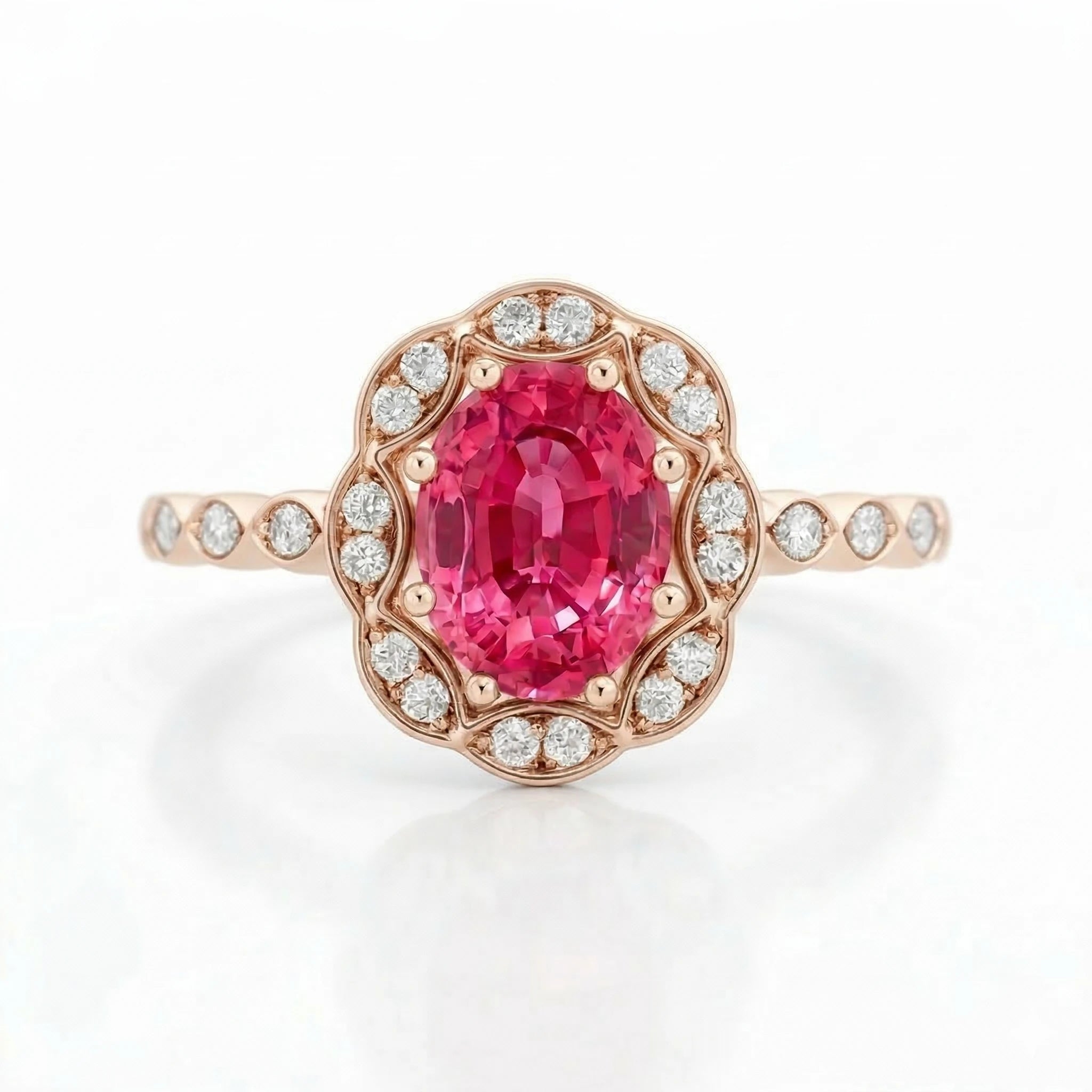 1.40ct Peach Sapphire Engagement Ring | F VS1 Diamonds | 18K Gold