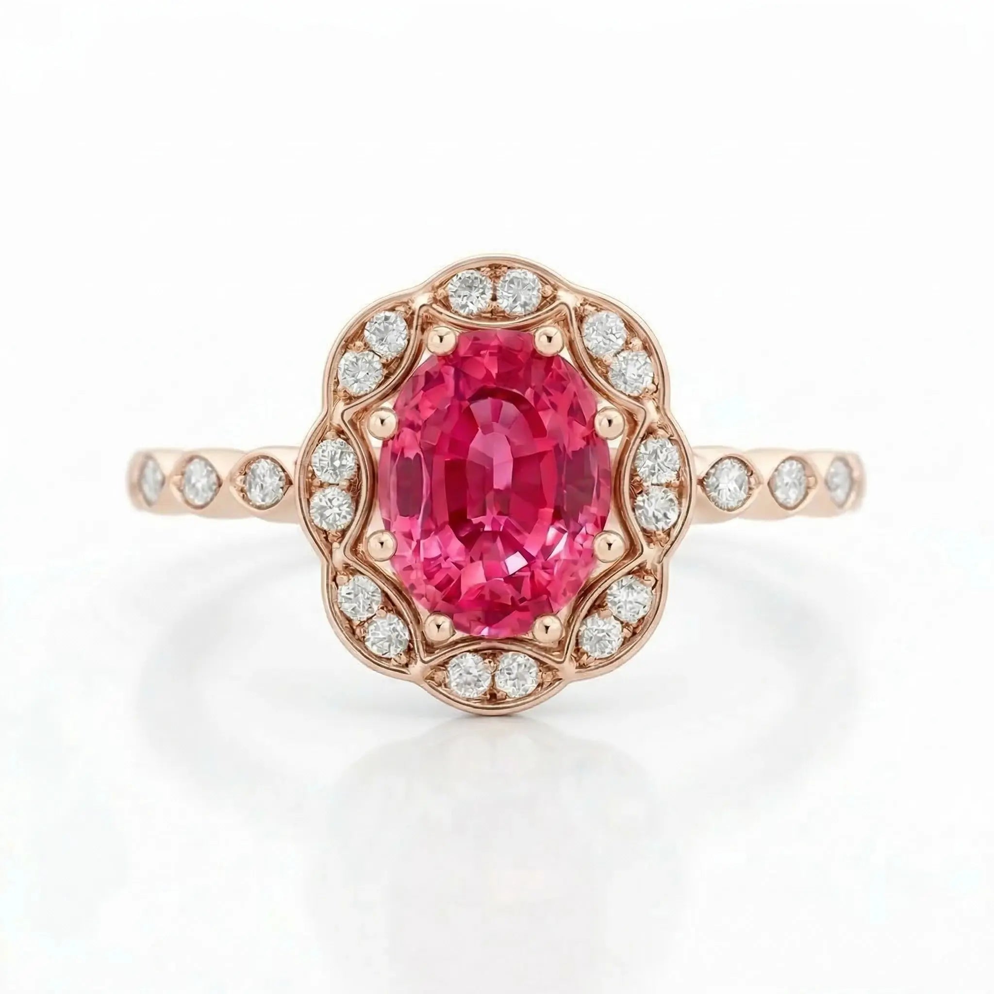 1.40ct Peach Sapphire Engagement Ring | F VS1 Diamonds | 18K Gold Chloe's Jewellers