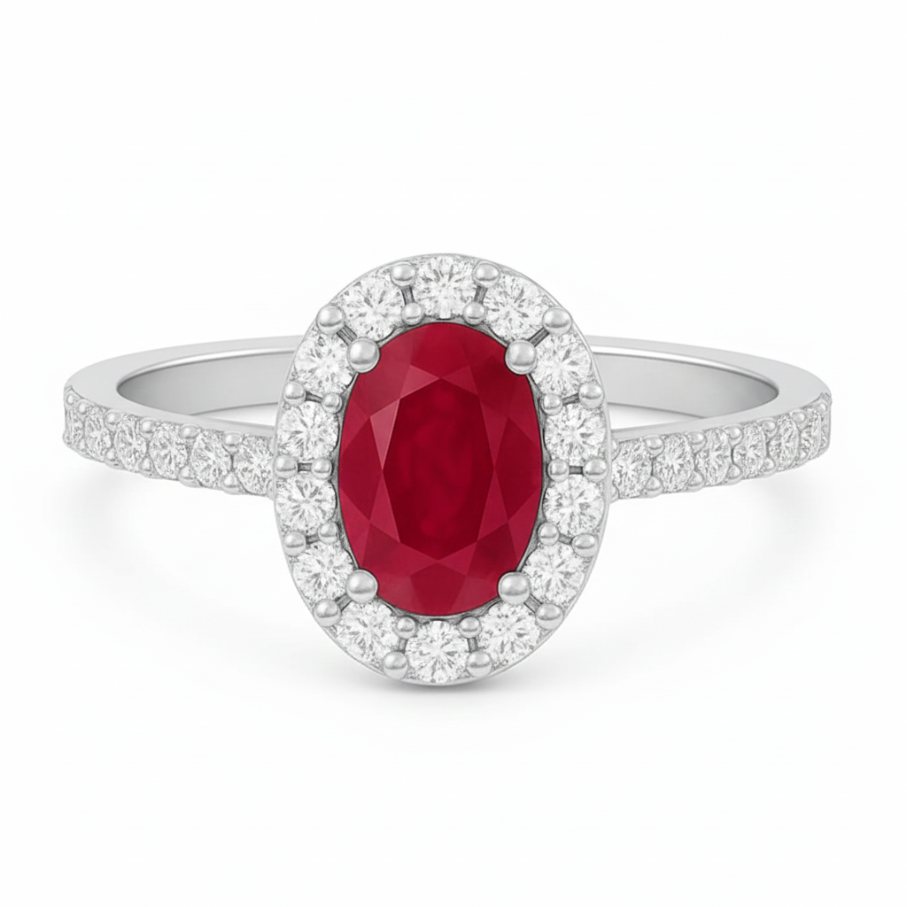 PEONY OVAL HALO RUBY RING