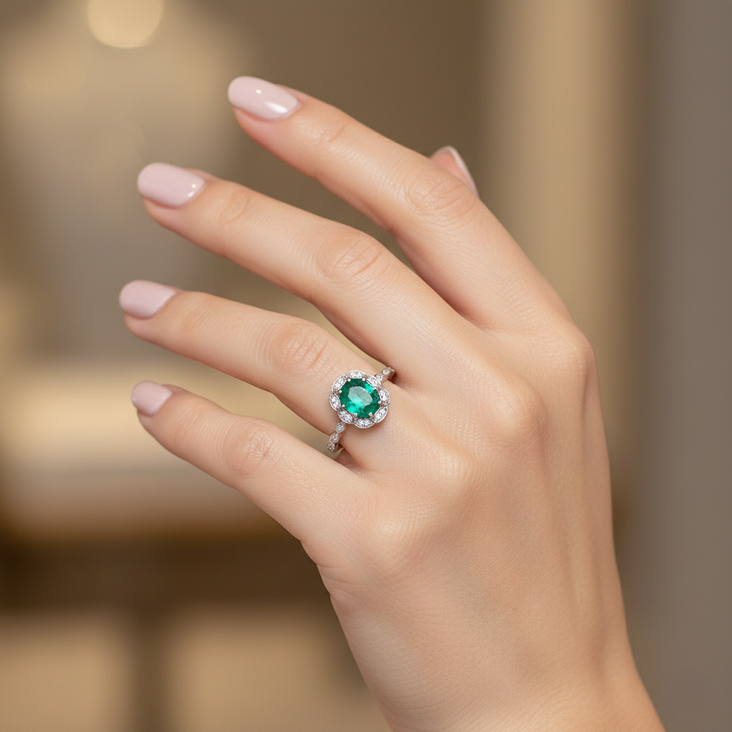 2.02ct Emerald Engagement Ring – Oval Halo, 18K Gold, F VS1 Diamonds