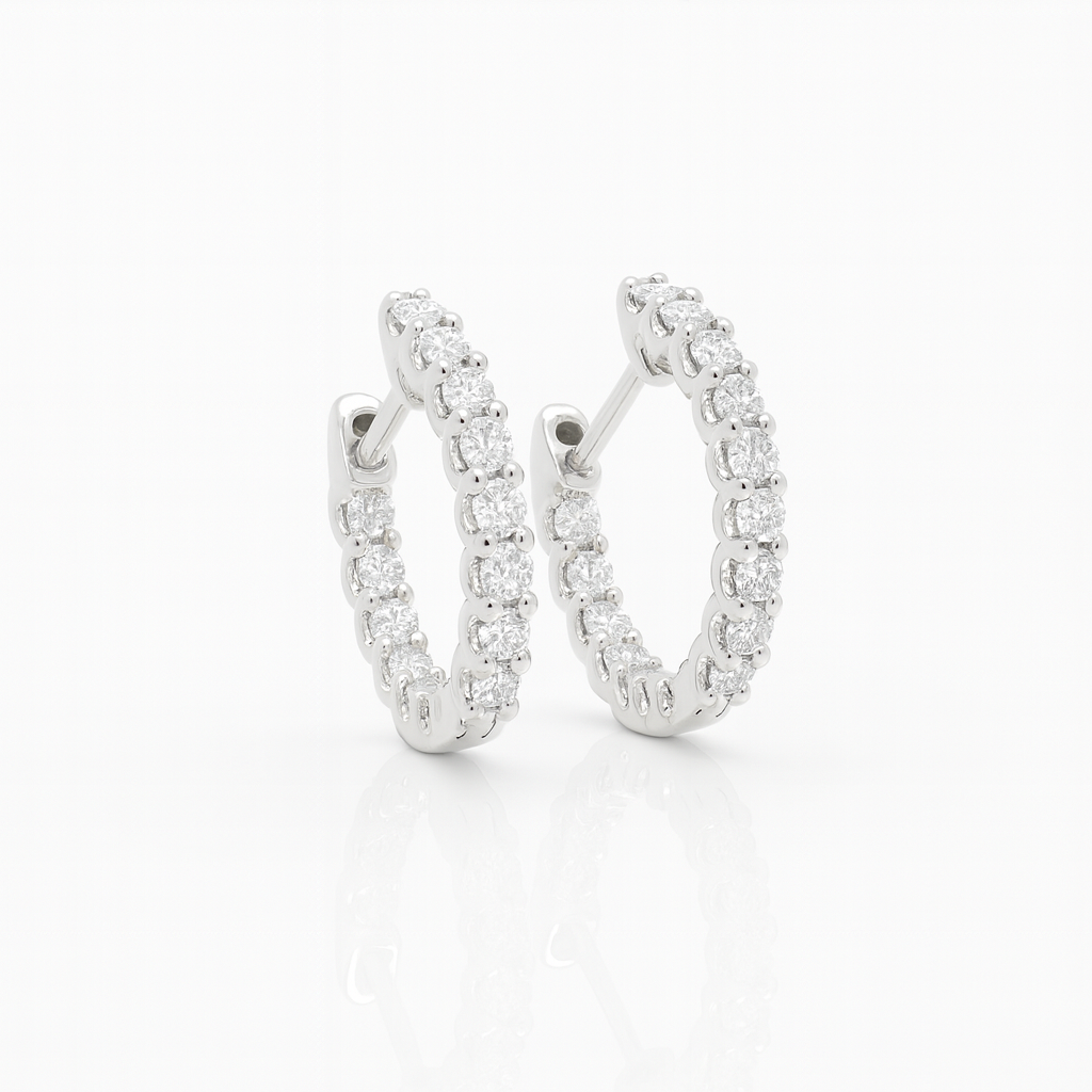 18K White Gold Claw Set In & Out Brilliant Cut Diamond Round Hoop Earrings 0.46CT