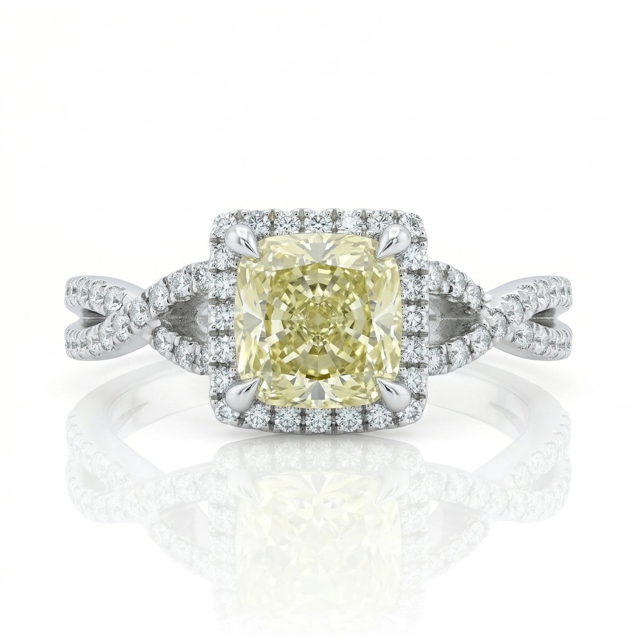 1.02ct GIA Natural Fancy Green Yellow Cushion Cut Halo Set Engagement Ring Chloe's Jewellers