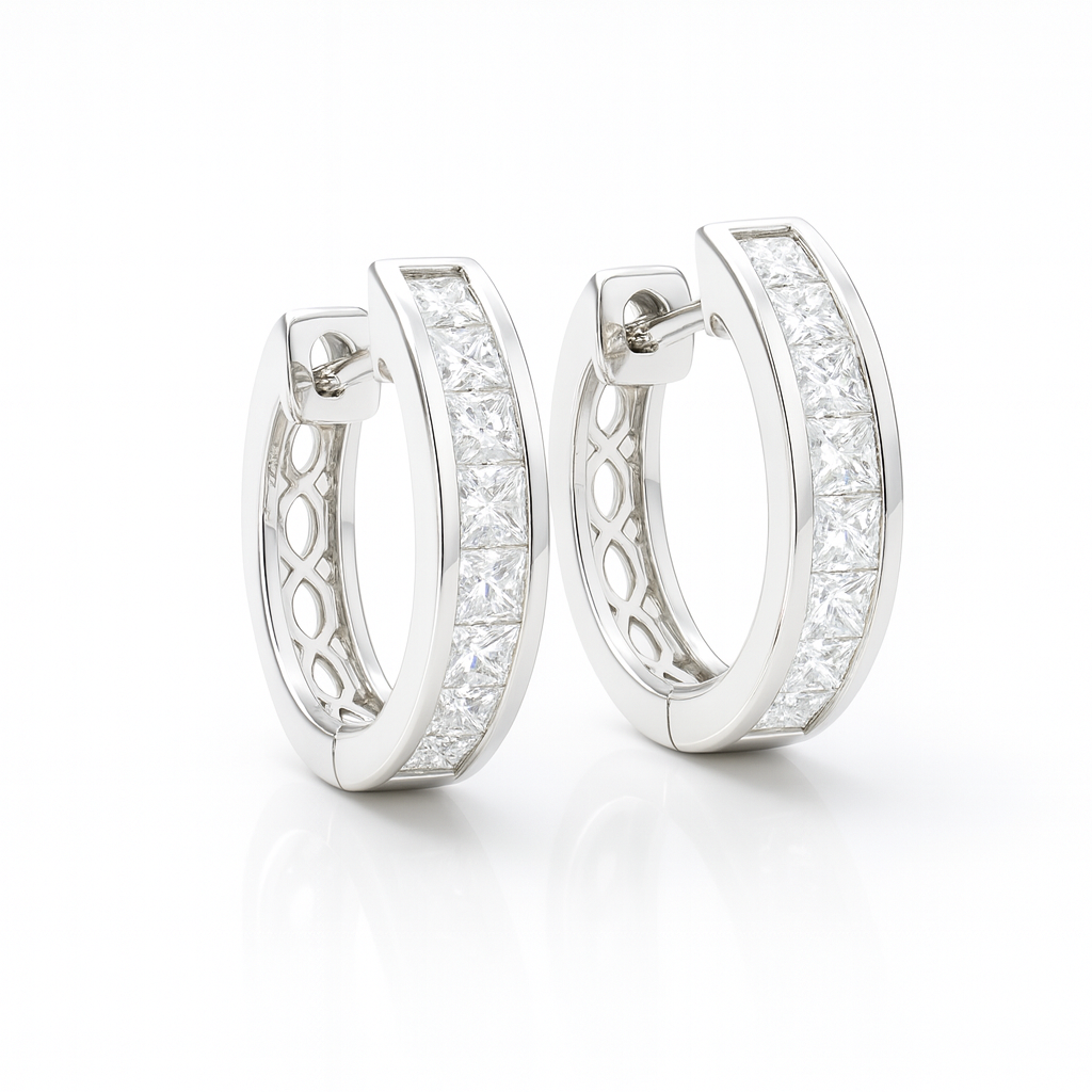 18K White Gold Channel Set Princess Diamond Hoop Earrings 0.23CT