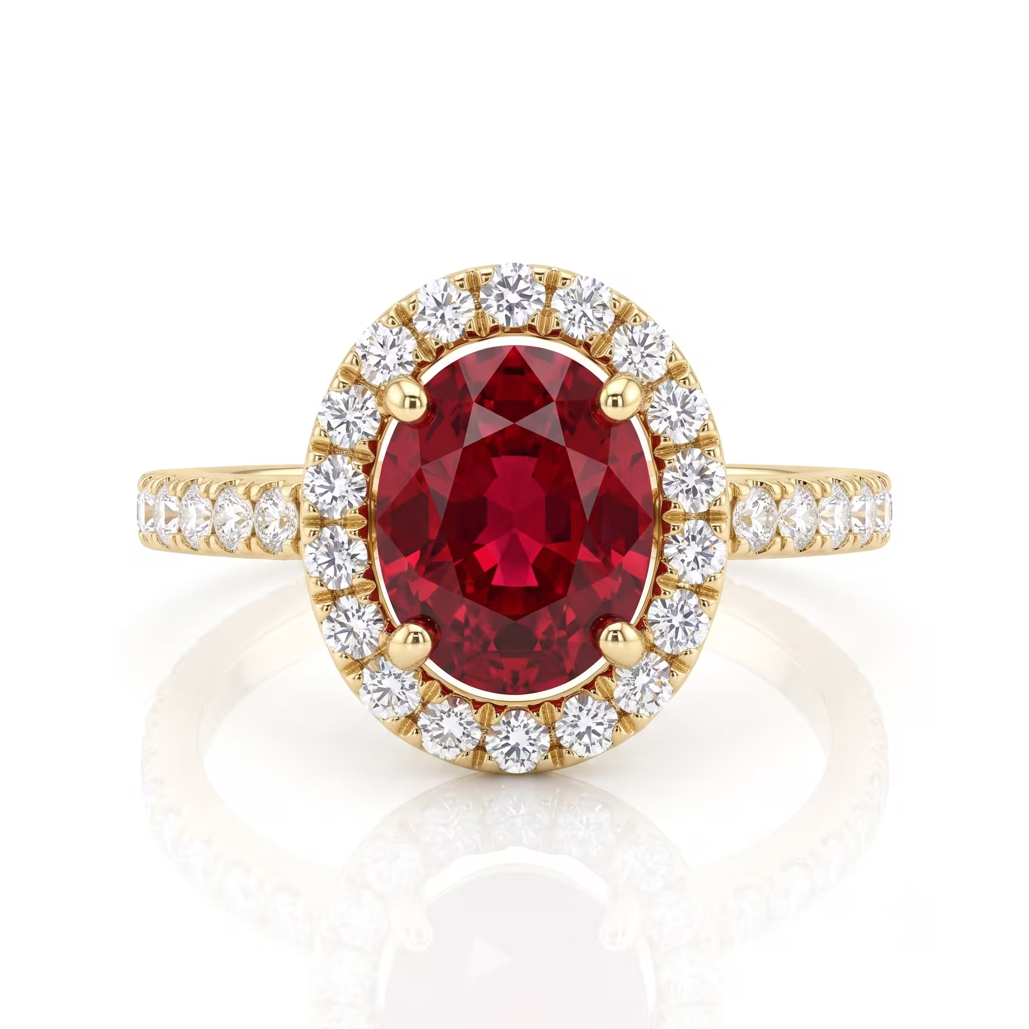 2.02ct Thai Ruby Ring – Oval Halo Setting, 18K Gold, E VS1 Diamonds Chloe's Jewellers