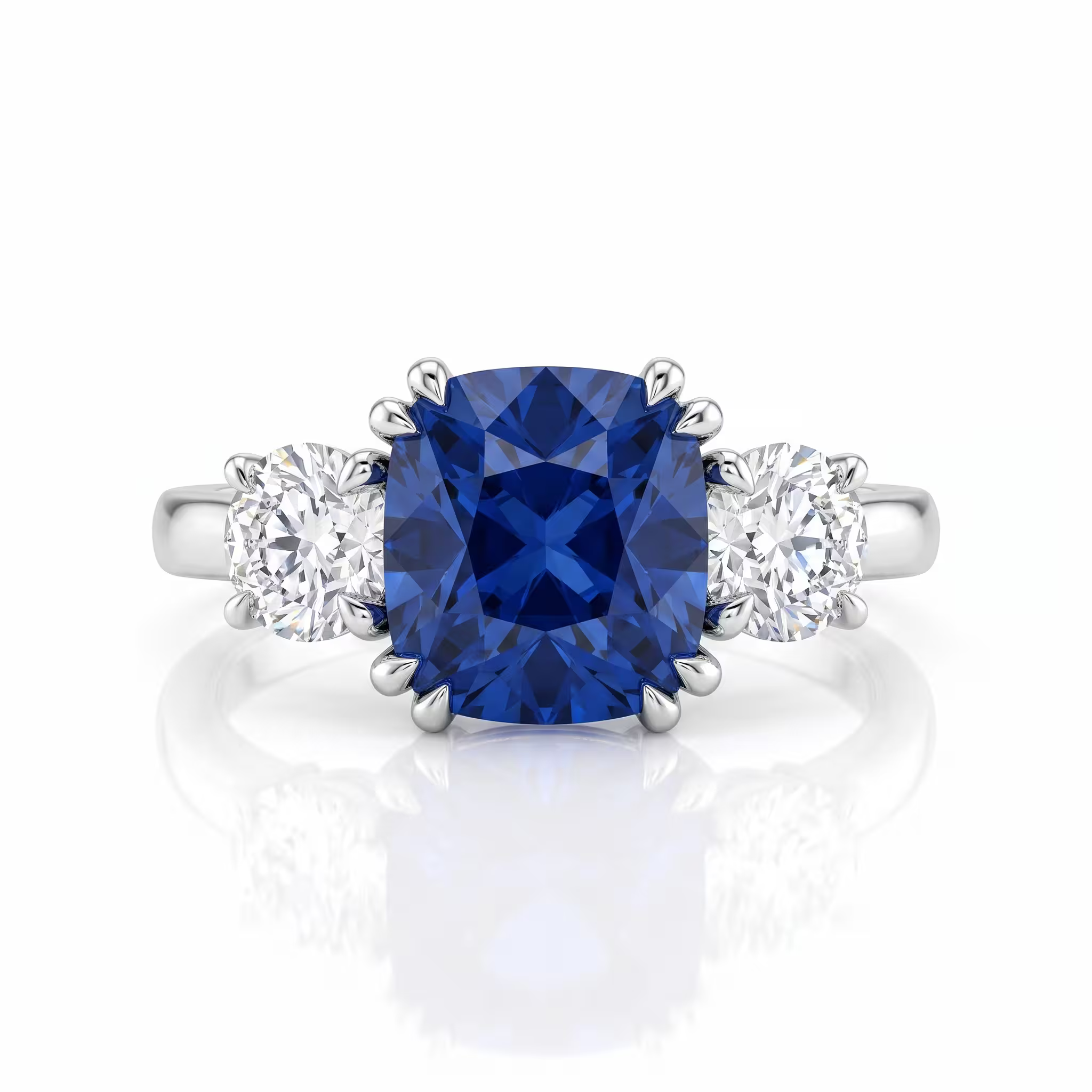 1.55ct Cushion Cut Blue Sapphire Side Round Stone Engagement Ring - Platinum Chloe's Jewellers