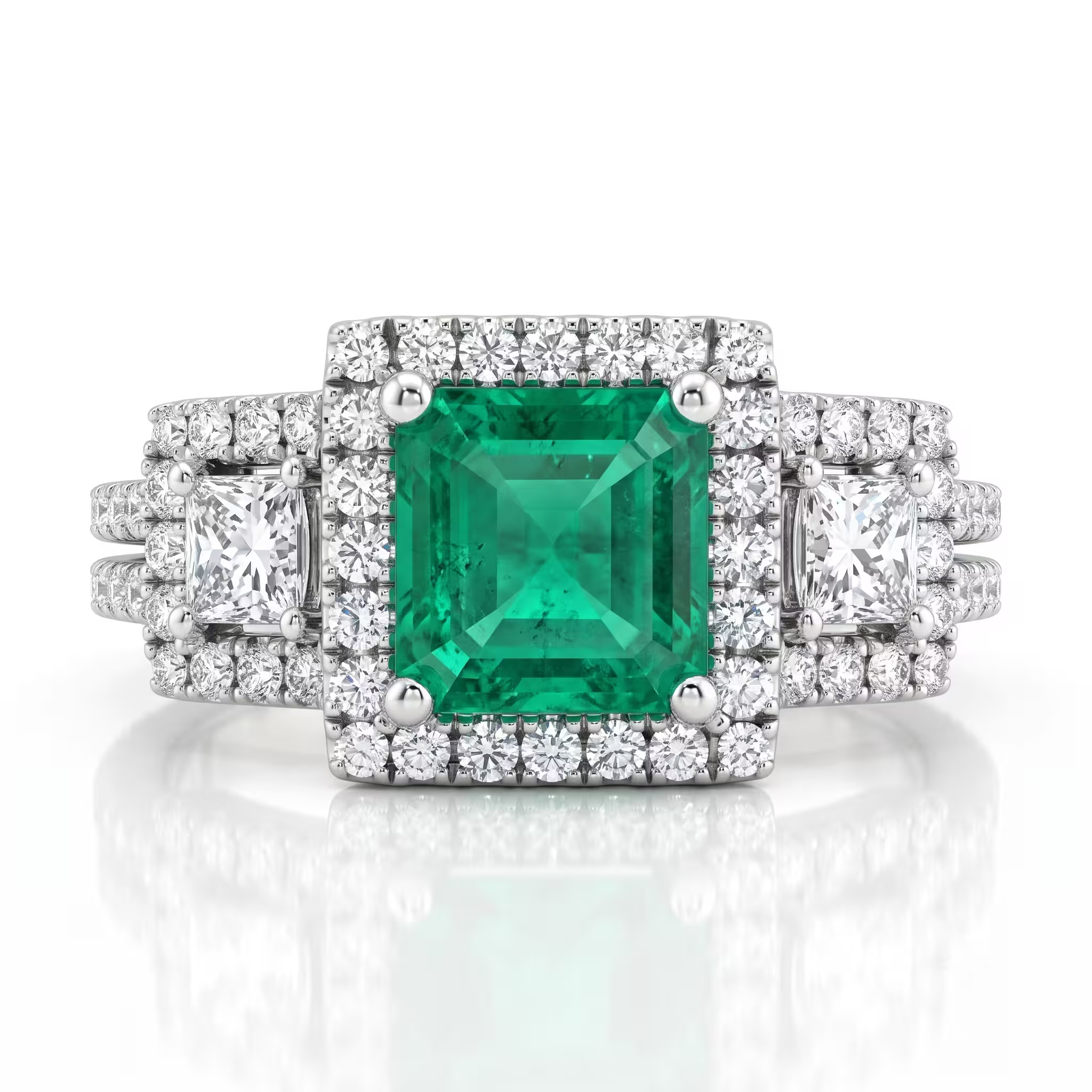 1.35ct Square Emerald Cut Colombian Emerald Halo Engagement Ring - Platinum