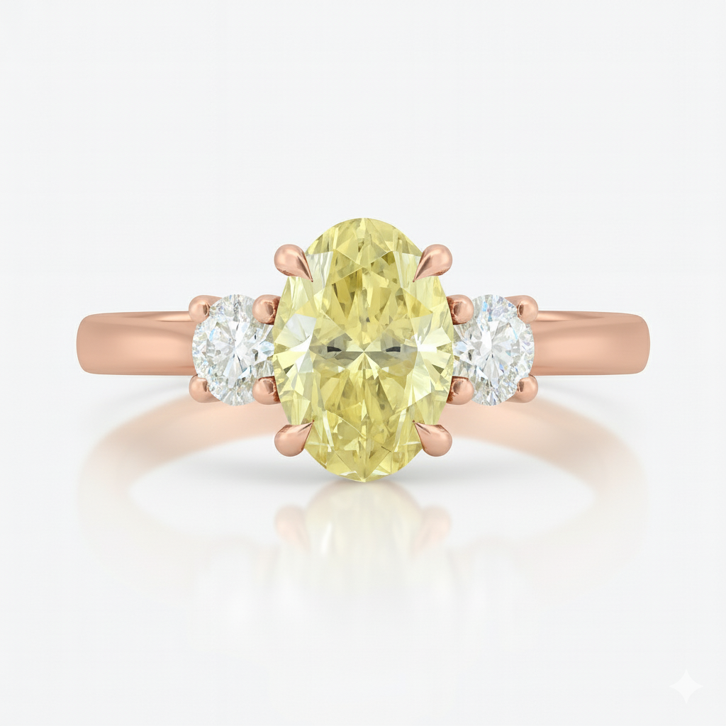 Trilogy Setting Natural Fancy Intense Yellow Oval Diamond Engagement Ring