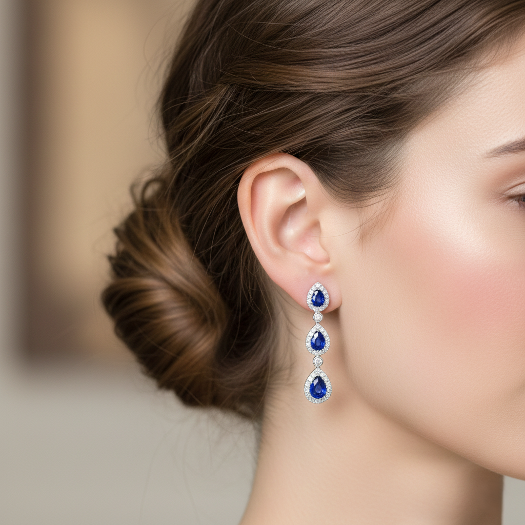 18K White Gold Pear Shape Blue Sapphire Halo Drop Earrings 1.20ct Chloe's Jewellers