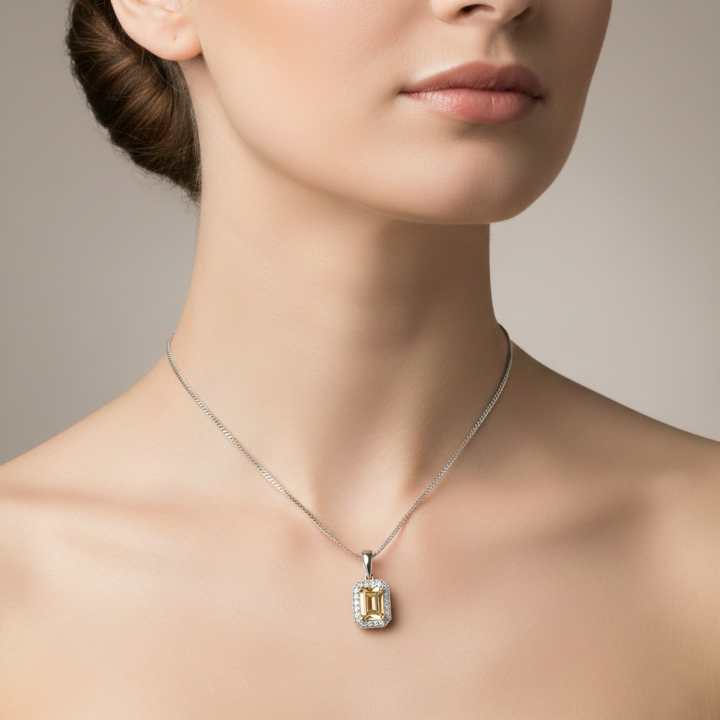 1.32CT GIA Natural Fancy Yellow Brown Emerald Cut Diamond Halo Set Pendant Necklace