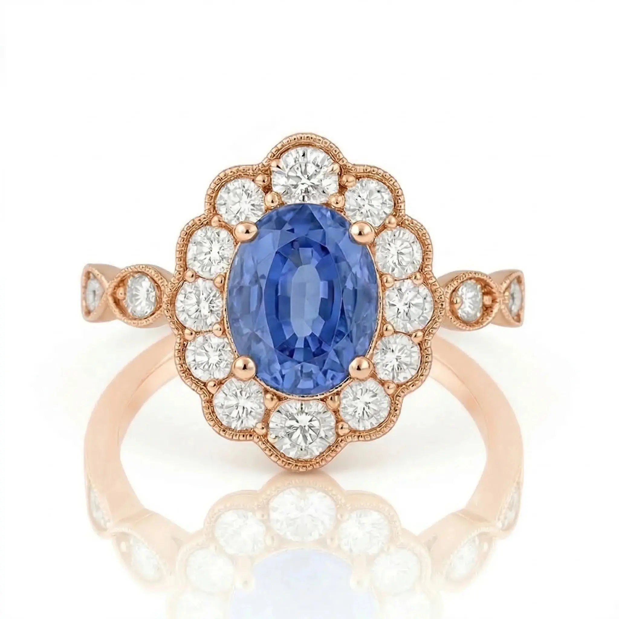 2.02ct Blue Sapphire Ring – Oval Halo, 18K Gold, F VS1 Diamonds Chloe's Jewellers