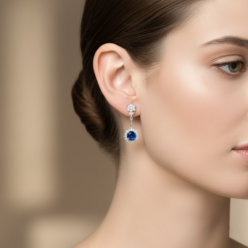 18K White Gold Round Cut Blue Sapphire Halo Drop Earrings 1ct Chloe's Jewellers