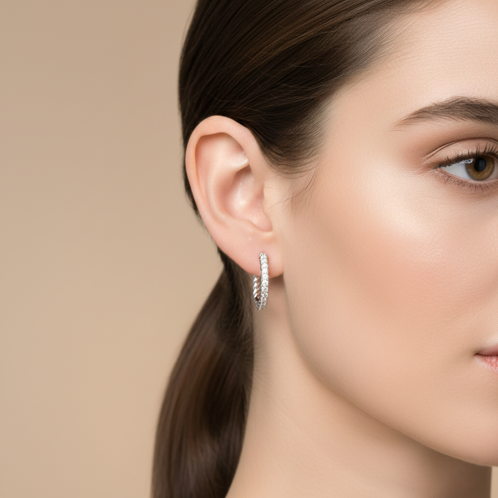 18K White Gold Claw Set Twisted Design Round Diamond Hoop Earrings 0.29CT