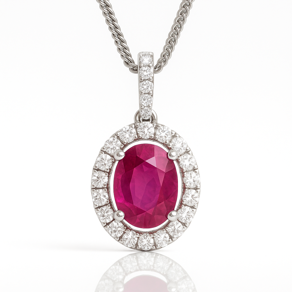 Oval cut Ruby Halo Setting Pendant Necklace 1.22CT Chloe's Jewellers