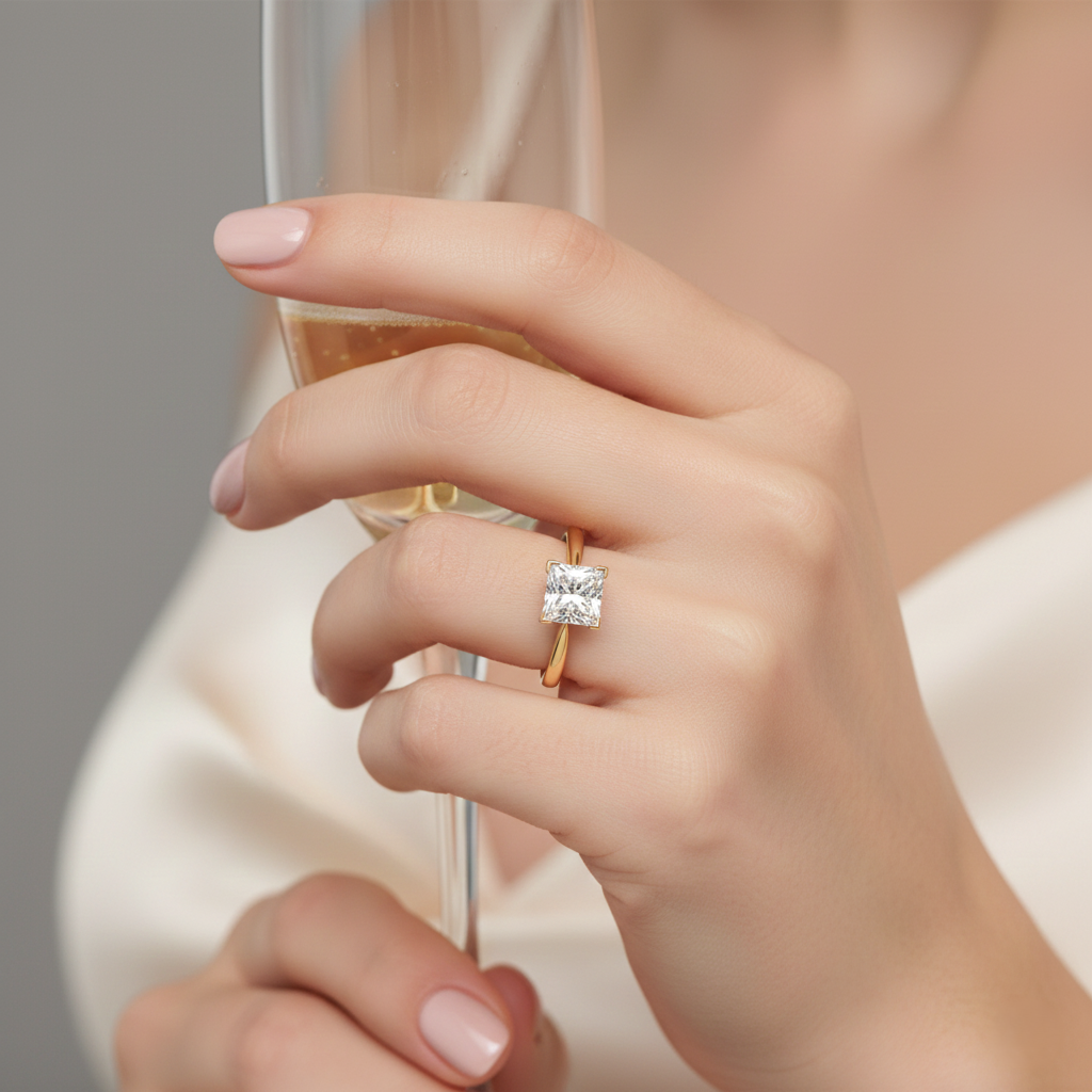 4 Prongs 0.69CT Natural Princess Cut Diamond Solitaire Setting Engagement Ring