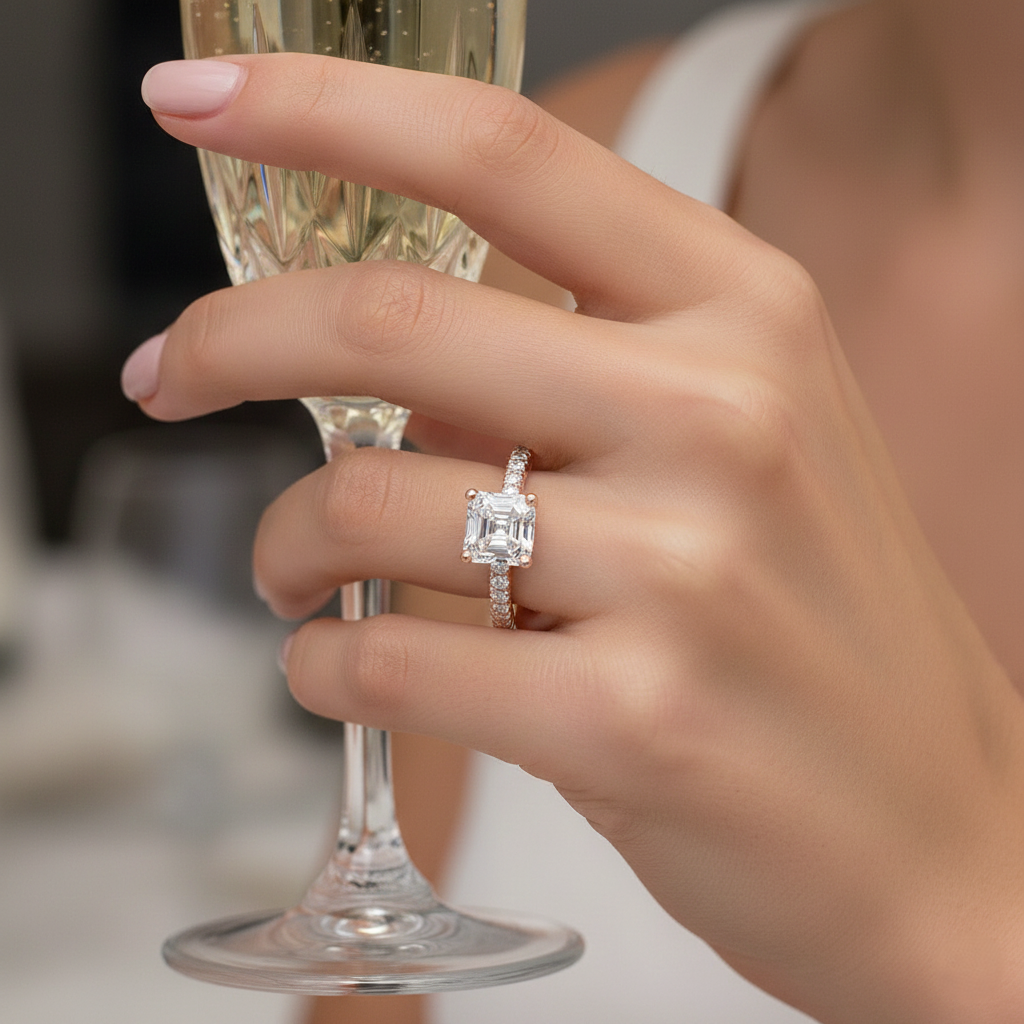 4 Prongs Natural Asscher Cut Shoulder Diamond Setting Engagement Ring