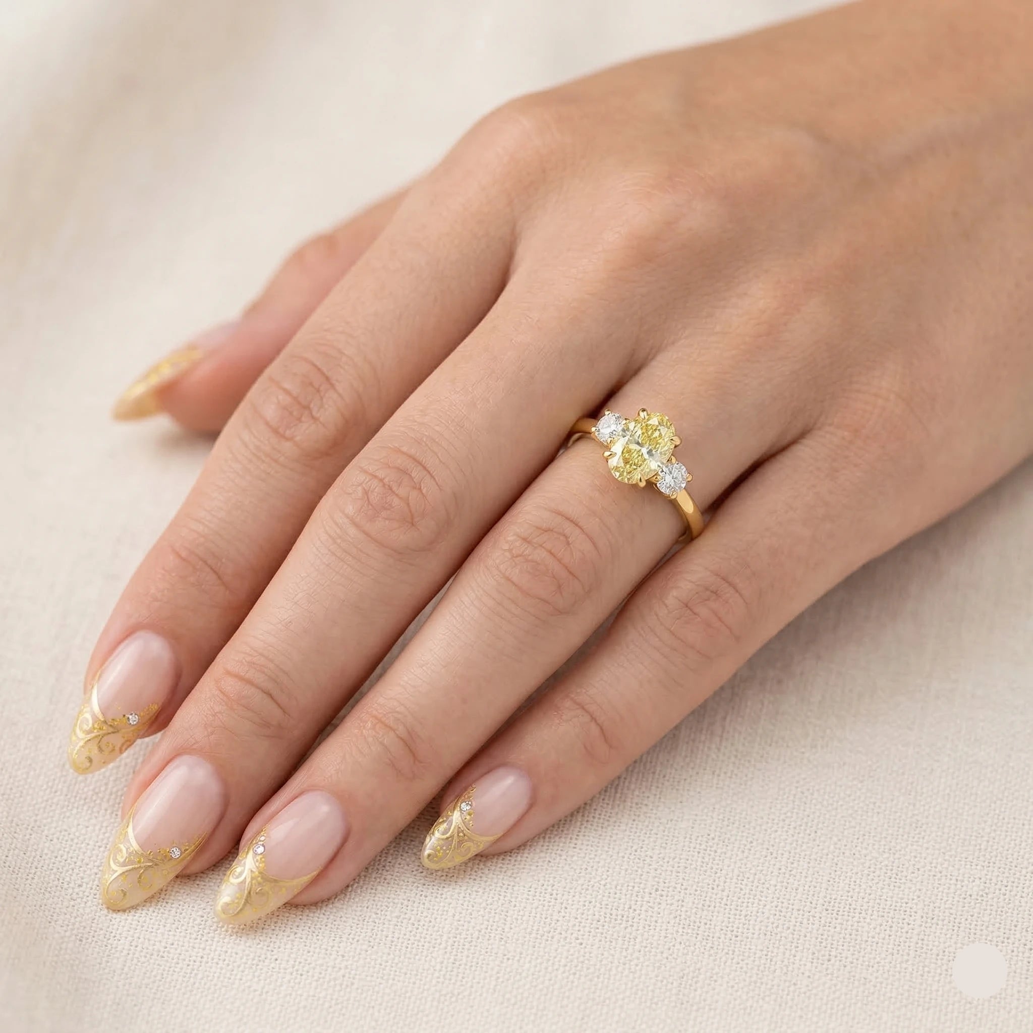 Trilogy Setting Natural Fancy Intense Yellow Oval Diamond Engagement Ring