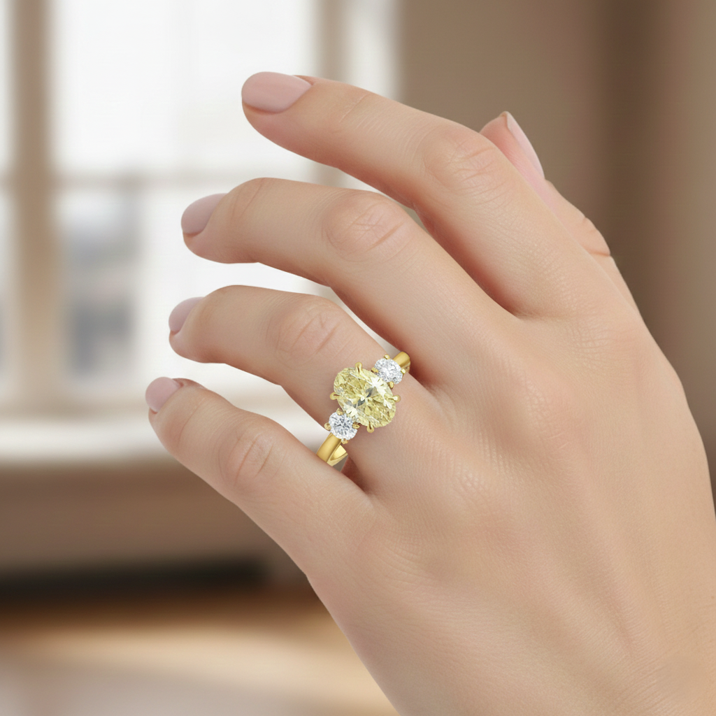 Trilogy Setting Natural Fancy Intense Yellow Oval Diamond Engagement Ring