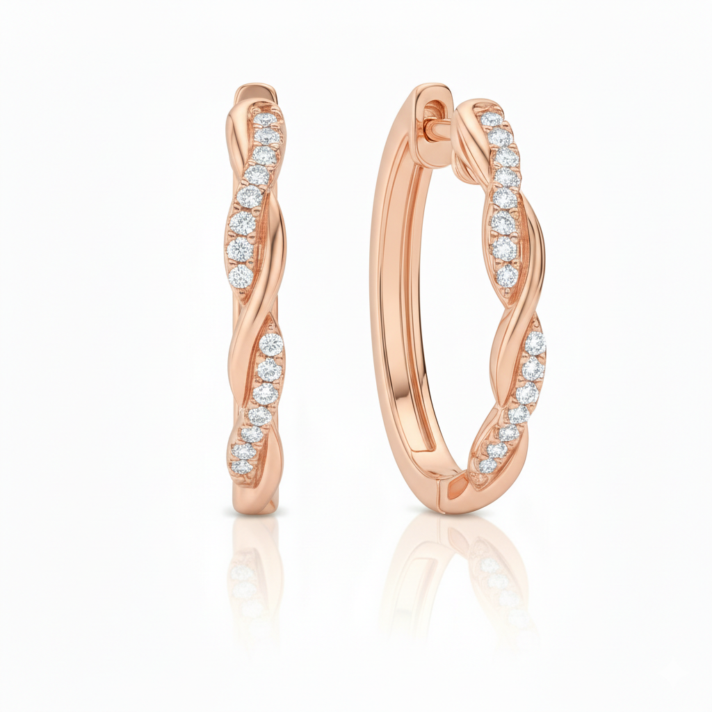 18K White Twisted Design Round Diamond Hoop Earrings 0.30CT