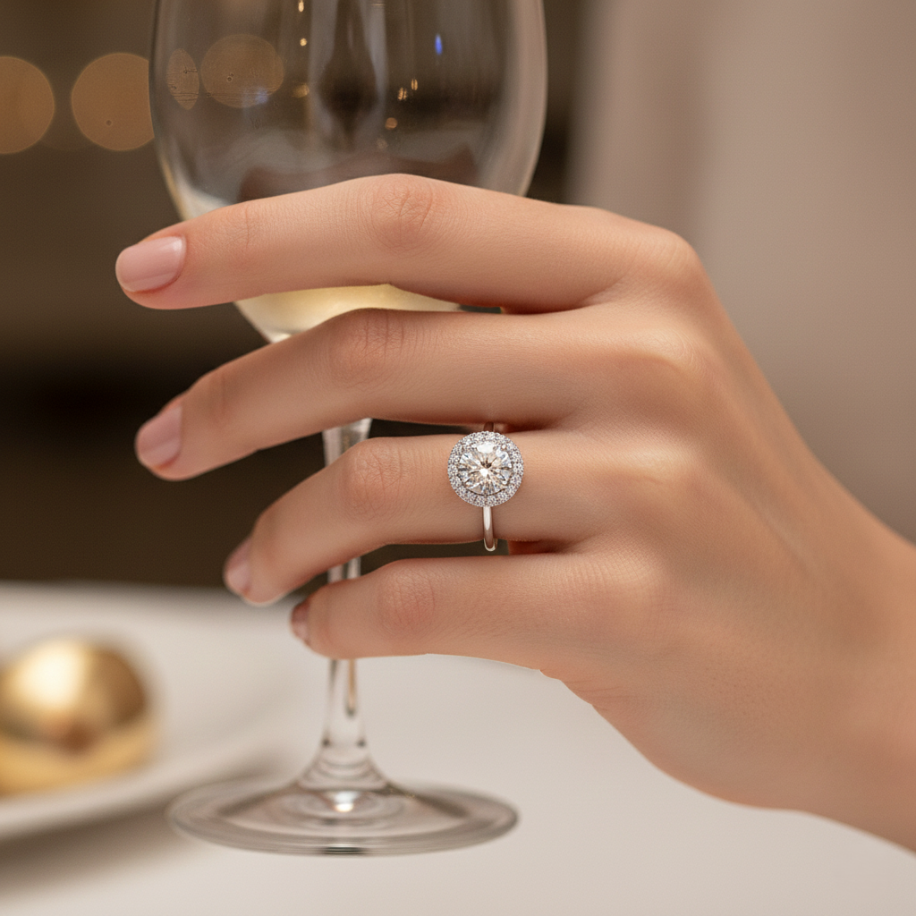 Poppy Round Halo Diamond Engagement Ring – 18K Gold or Platinum