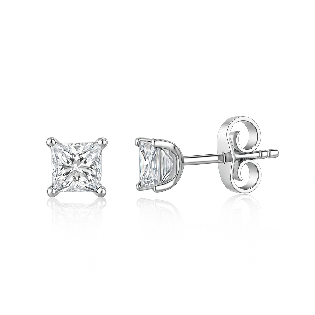 0.44ct Princess Cut Natural Diamond Stud Earrings, 18ct White Gold