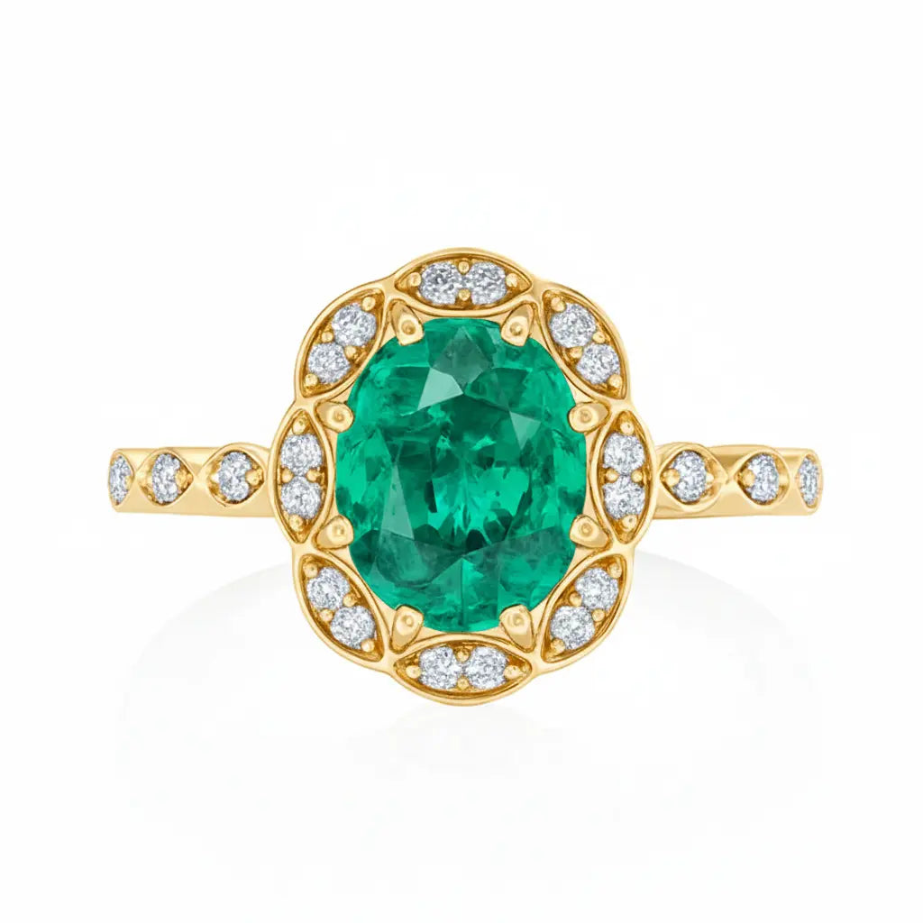 2.02ct Emerald Engagement Ring – Oval Halo, 18K Gold, F VS1 Diamonds Chloe's Jewellers