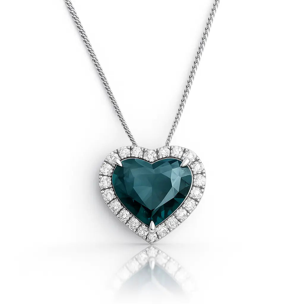 Heart Green Sapphire Pendant – 2.36ct, 18K White Gold, Diamond Halo Chloe's Jewellers