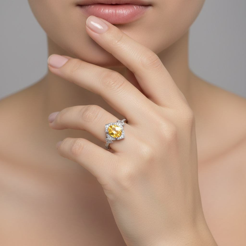 1.47ct Yellow Sapphire Ring – Oval Halo, 18K Gold, F VS1 Diamonds