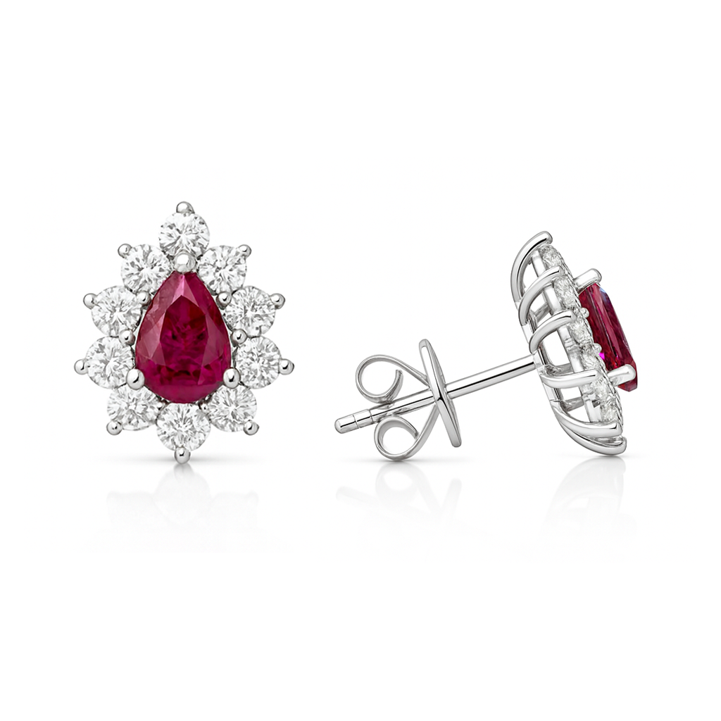 Pear cut Ruby with Natural Round Shape Halo Setting Earrings 18K White Gold Chloe's Jewellers
