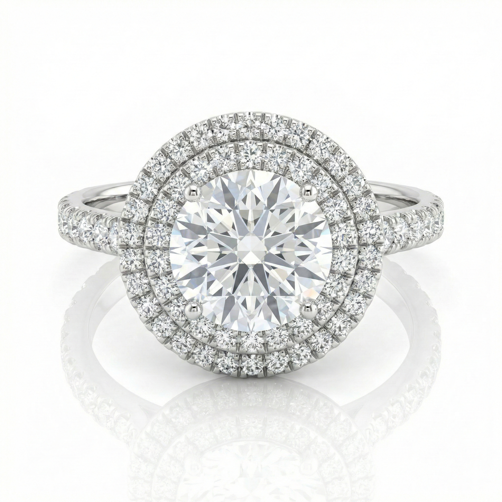 1.09ct Lab Diamond Ring – Double Halo, 18K Gold, Natural Side Stones