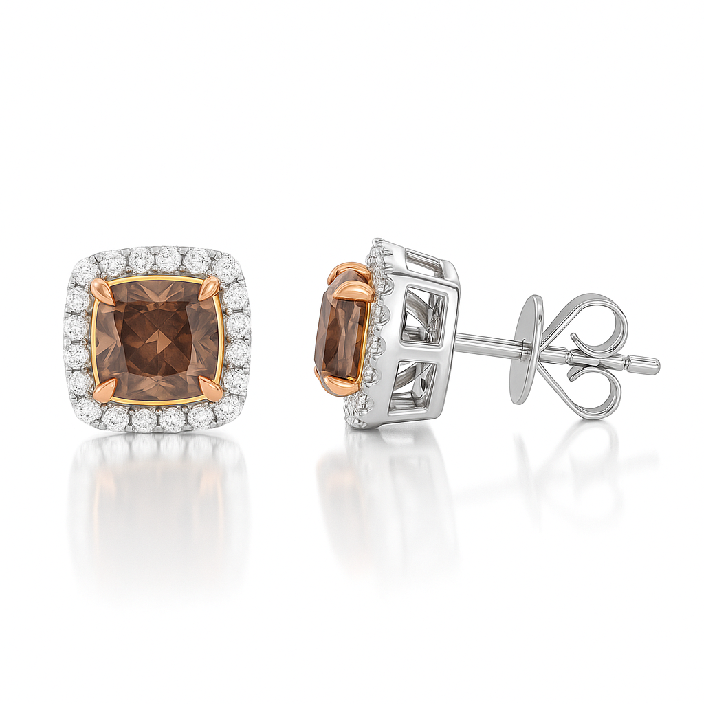 3.00ct Cushion Cut Fancy Brown Colour Halo Setting Stud Earring Chloe's Jewellers