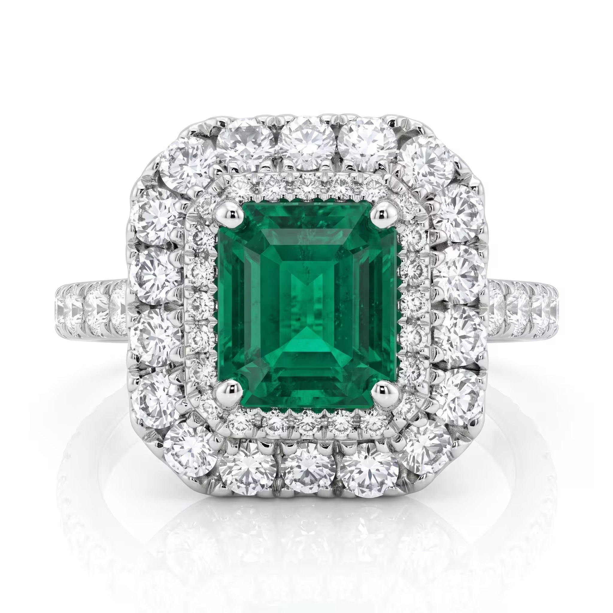 1.28ct Square Emerald Cut Zambian Emerald Double Halo Engagement Ring - 18K Gold