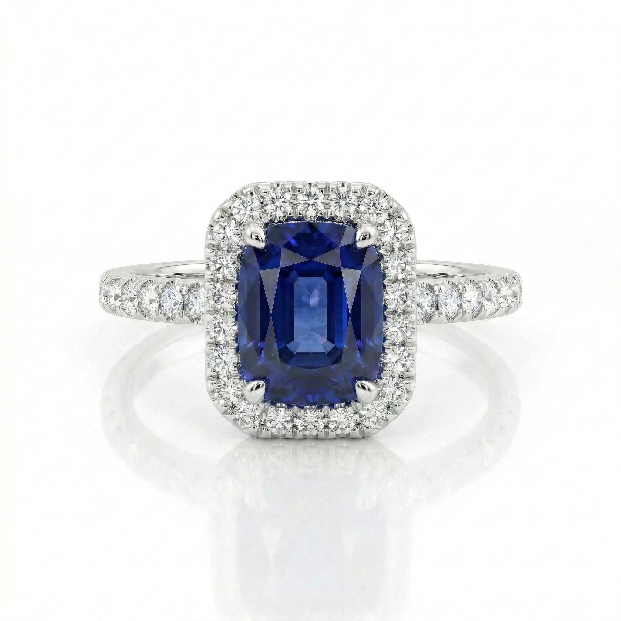 1.50ct Cushion Cut Blue Sapphire Halo Setting Engagement Ring Chloe's Jewellers