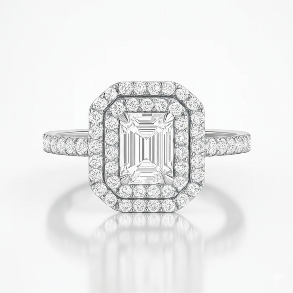 Daisy Double Halo Emerald Cut Diamond Ring Chloe's Jewellers