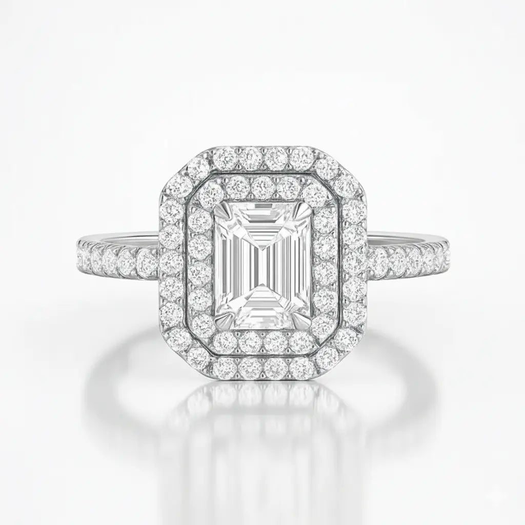 Daisy Double Halo Emerald Cut Diamond Ring Chloe's Jewellers