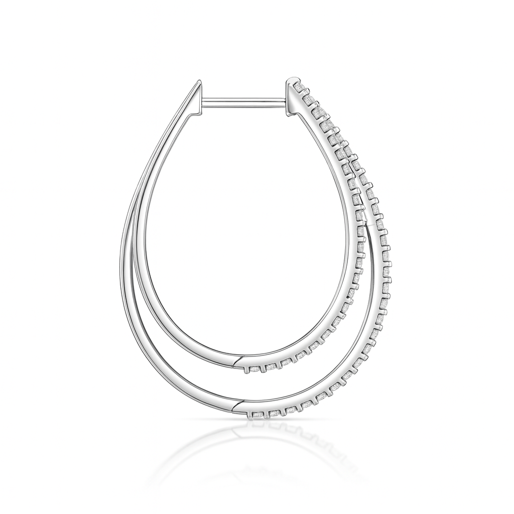 Double Oval Grain Set Diamond Gold Hoop Earrings