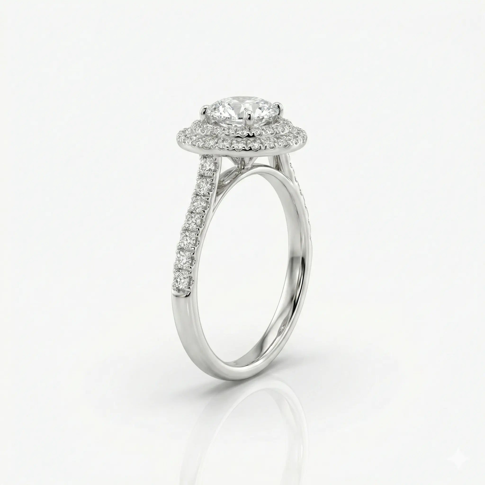 1.09ct Lab Diamond Ring – Double Halo, 18K Gold, Natural Side Stones Chloe's Jewellers