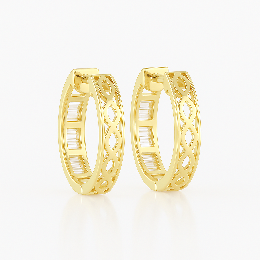 Channel Set Baguette Cut Diamond Round Hoop Earrings