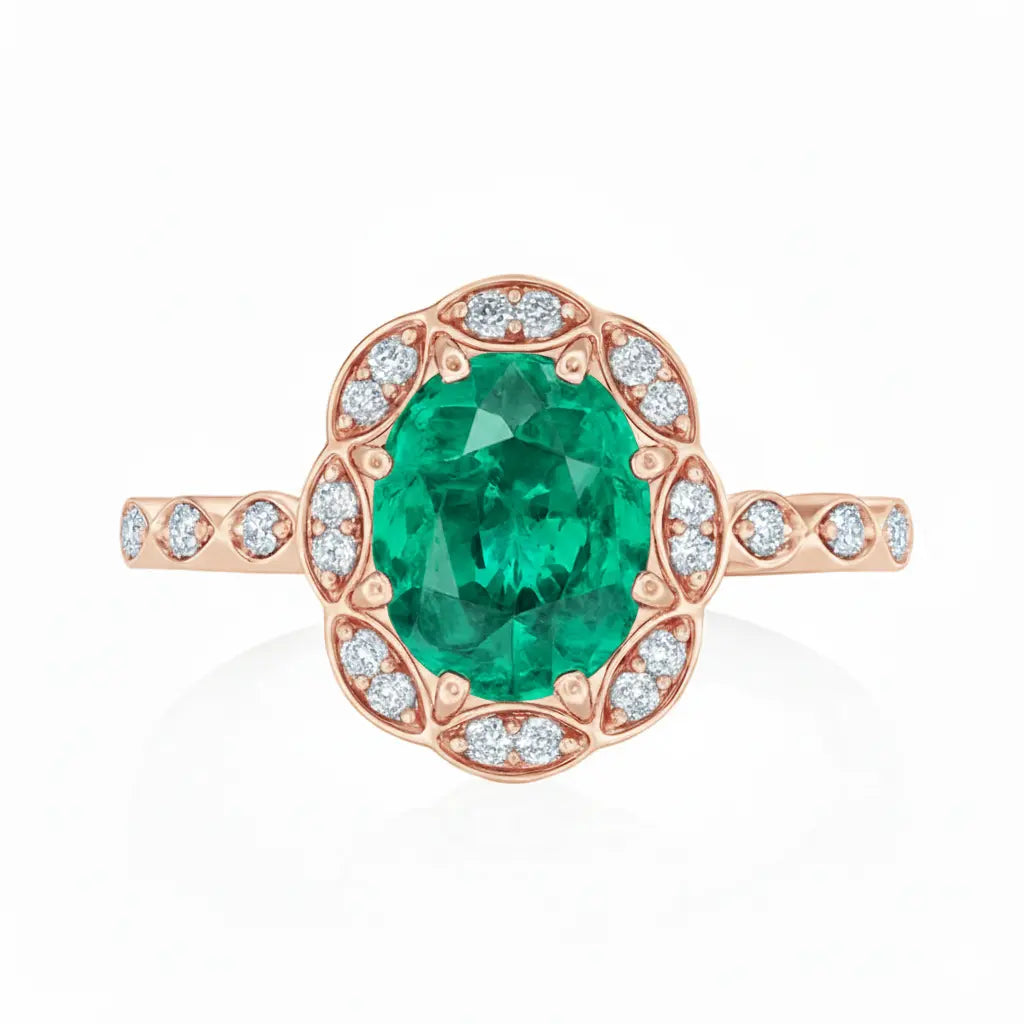 2.02ct Emerald Engagement Ring – Oval Halo, 18K Gold, F VS1 Diamonds Chloe's Jewellers