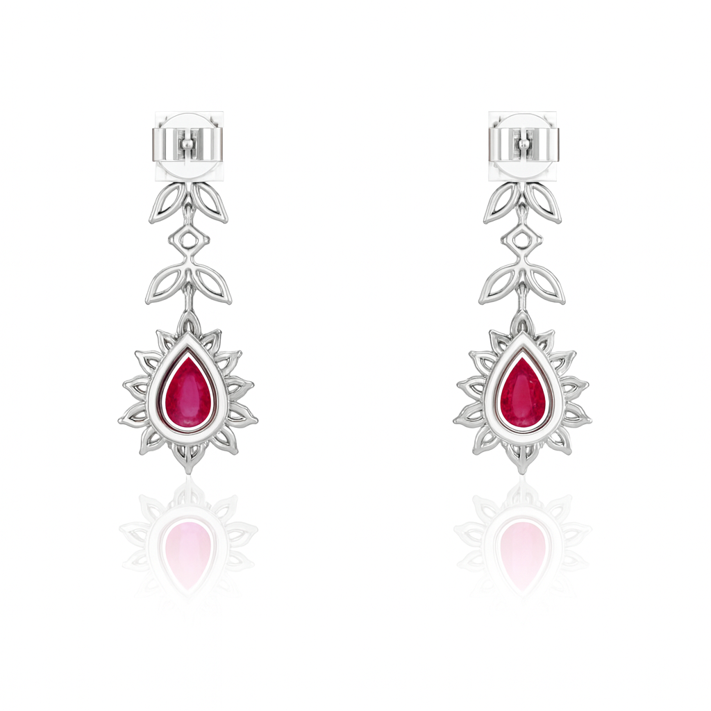 Certified Burma Heated Pear Cut Ruby with Natural Round Diamonds Halo Setting Drop Earrings