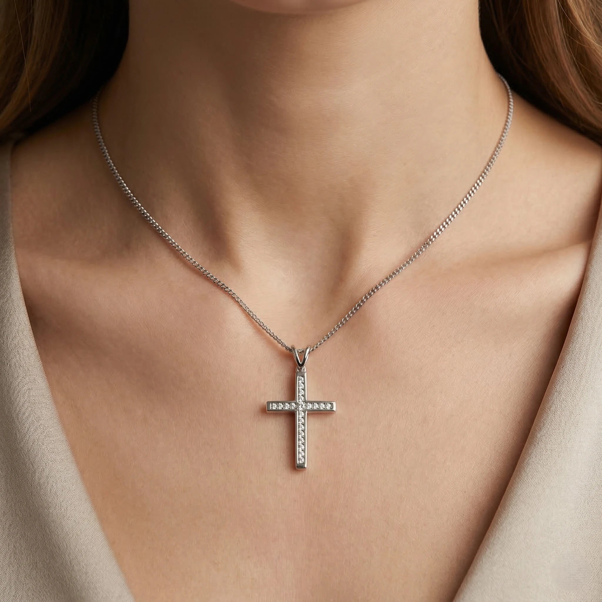 1ct Natural Diamond Cross Pendant Necklace in 9K White Gold Chloe's Jewellers