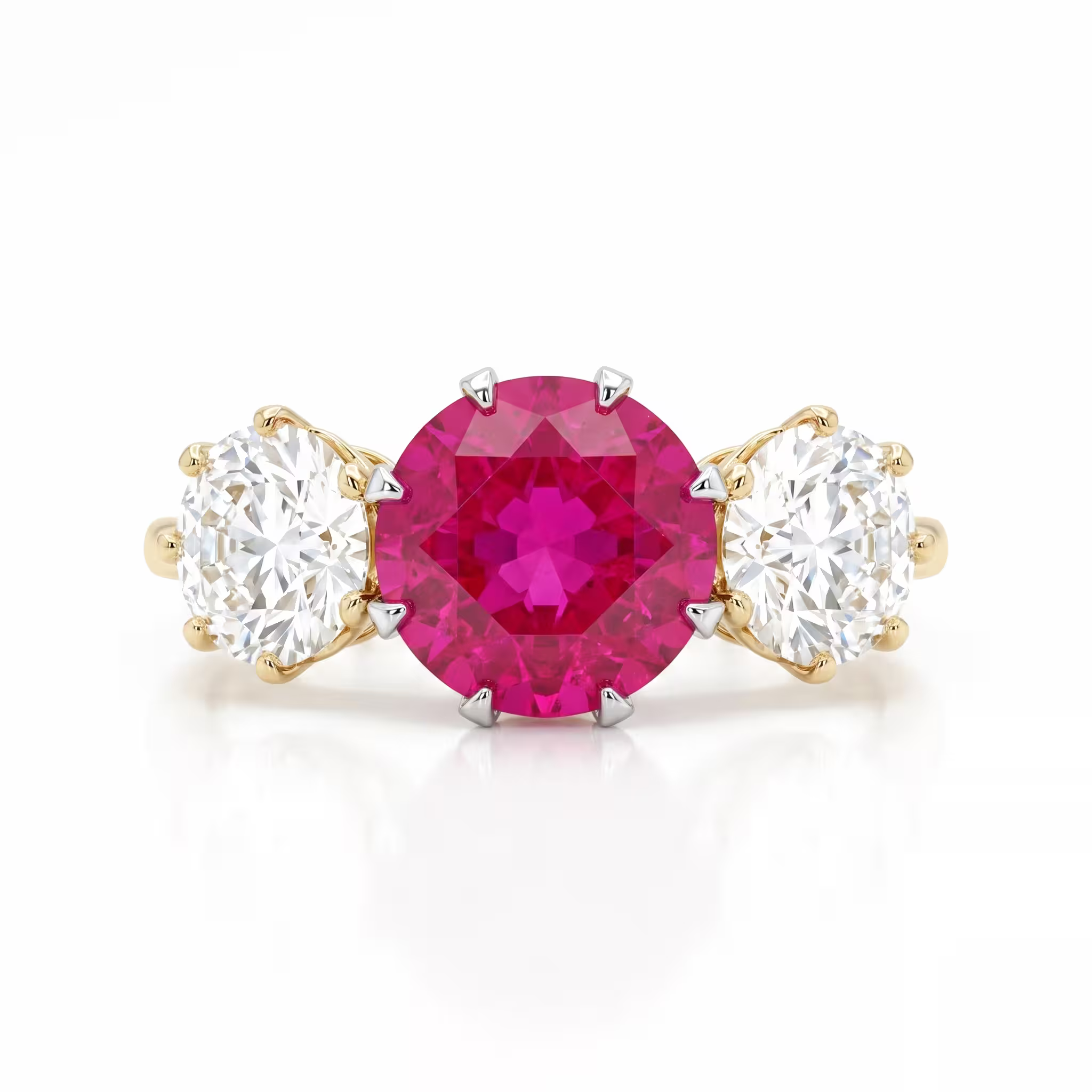 3.53ct Burma No Heat Round Shape Ruby Trilogy Engagement Ring - 18K Gold