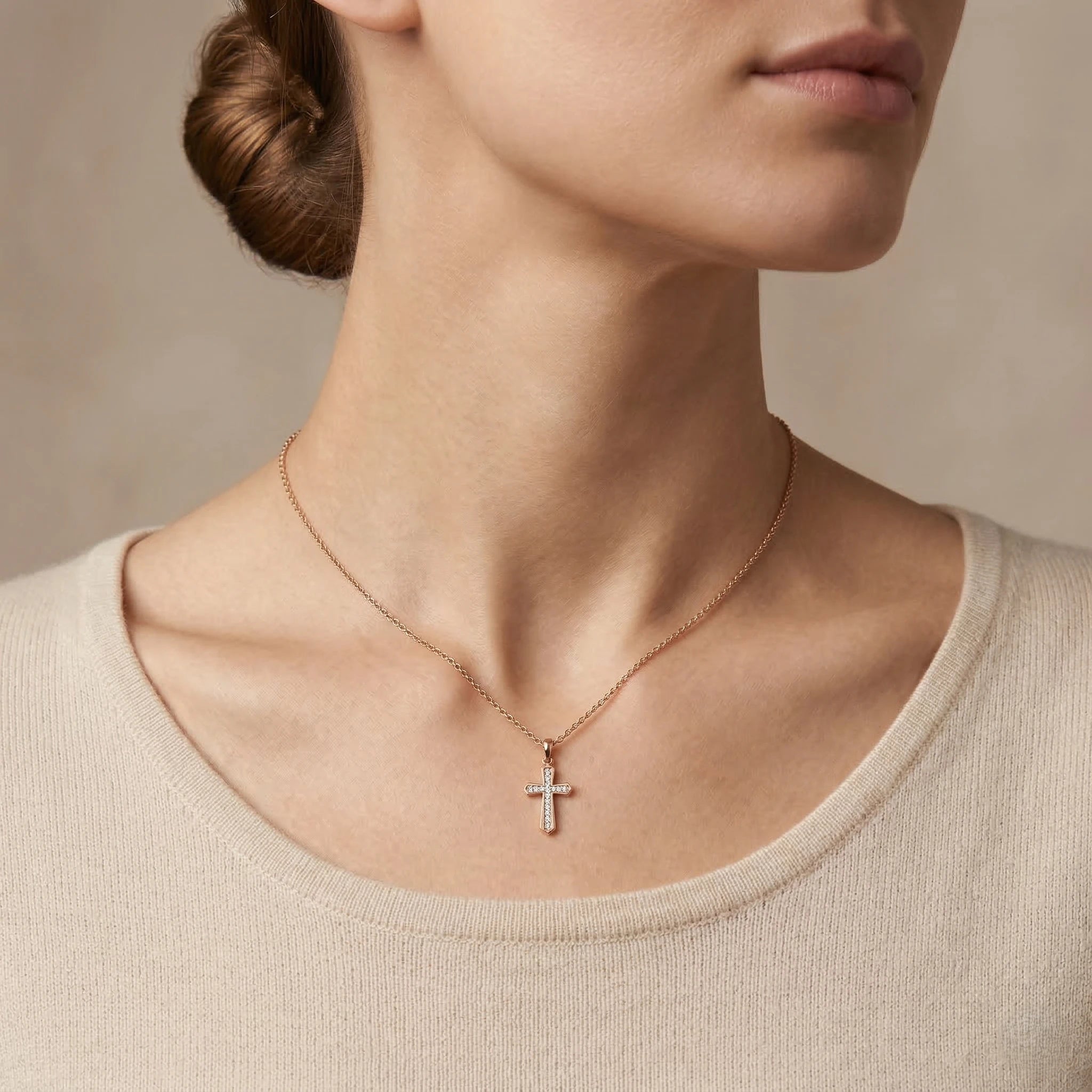 0.20ct Natural Diamond Cross Pendant Necklace in 18K Rose Gold