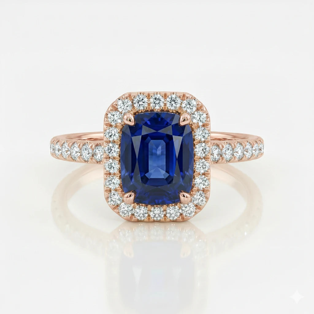 1.50ct Cushion Cut Blue Sapphire Halo Setting Engagement Ring Chloe's Jewellers